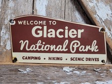 VINTAGE GLACIER NATIONAL PARK PORCELAIN SIGN OLD MONTANA CAMPING HIKING WYOMING picture