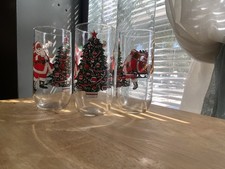 Vintage 1992 Luminarc Christmas Glasses Set of 3 Santa Sleigh Reindeer Tree 16oz picture