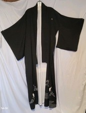 Vtg Japanese Formal Kimono Robe Black Silk With Beautiful Crane Design 61