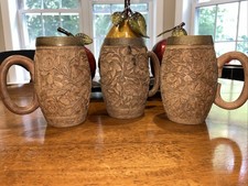 Old Set Of 3 Different Hand Carved Wooden Tankard Mugs, Brass Insert -Very Nice picture
