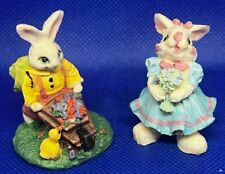 Vintage Easter Bunny Rabbit Flower Basket Boquet Mini Figurines set of 2 (small) picture
