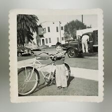 Biker Boy Showing Off Photo 1950s Vintage Bicycle Child Truck Kid Snapshot H994 picture