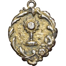 VINTAGE FIRST COMMUNION MEDAL ANTIQUE HOLY GRAIL RELIGIOUS PENDANT picture
