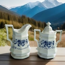 Iroquois Clinton Inn Henry Ford Museum Creamer Sugar Bowl Lid Blue White Vintage picture