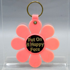 Vintage Put on a Happy Face Flower Power Keychain 1960s 70s Mod Hippie Pink picture