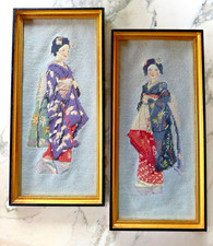 VTG Pair Framed Japanese Geisha Needlepoint Wall Art Asian Chinoiserie 17