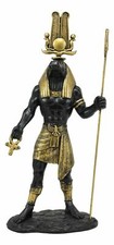 Black And Gold Egyptian God Sobek With Crocodile Head Atef Crown And Ankh Statue picture