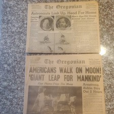 2 Vintage 1969 Newspapers: Mans First Walk on the Moon & Astronauts Link Up picture