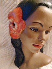 Vtg Marwal Chalkware Hawaiian Polynesian Hula Girl Hibiscus Head Bust Sculpture picture