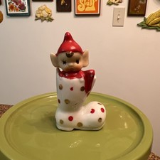Rare Vintage Christmas Polka Dot Pixie Elf in Boot Ceramic Figurine picture