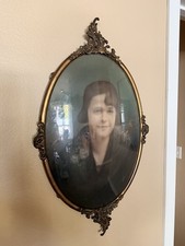 Antique 26x15in Victorian Heavy Ornate Brass Convex Bubble Glass Oval Frame Art picture