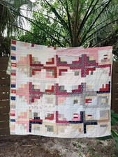 Vintage Antique Handmade Quilt Log Cabin Flying Geese 58x72 Americana Reversible picture