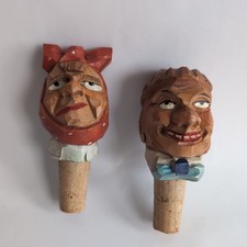 Vintage 2 Hand Carved Wood Figural Head Cork Bottle Topper German Man Lady picture