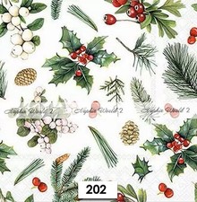 (202) TWO Paper LUNCHEON Decoupage Art Craft Napkins - CHRISTMAS HOLLY BERRIES picture