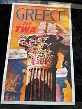 FLY TWA GREECE Orig. 1960's  DAVID KLEIN Travel Poster Temple Pillar LINEN LINED picture