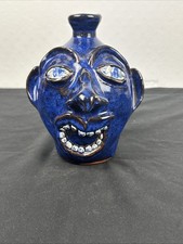 Hand Painted Blue Glazed with Gold Color Trim Folk Art Ceramic Face Jug picture