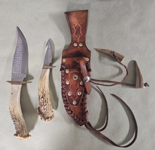 Deer Antler Hunting Knife Set ⭐ Two Knives with Leather Sheath picture
