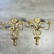 Vtg Pair Ornate Acanthus Scroll Leaf Brass Double Arm Wall Candle Holder Sconces picture