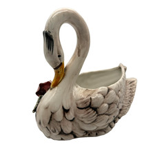 Vintage Nuova Capodimonte Italy Swan Planter with Pink Rose Mid Century picture