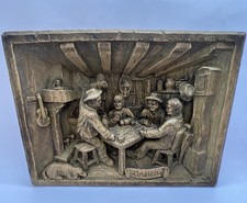 Vintage French 3D Bas-Relief Plaque Rustic 4 Men Playing Cards, Dog -Corsica picture