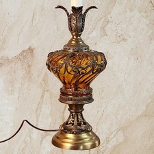 Vintage Hollywood Regency Ornate Amber Glass Brass Tone Table Lamp picture