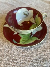 WAKO Occupied Japan Red Calla Lily Tea Cup & Saucer Gold Trim Vintage picture