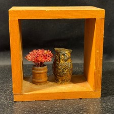 Vintage Miniature Owl Shadow Box Wood Frame Hand Painted Figurine Folk Art Decor picture
