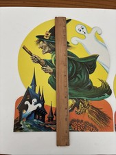 2 VTG Die Cut Halloween Flying Witch Broom Ghosts Castle Decorations 11” & 6.5” picture