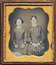 Fine 6th Plate Dag of Two Women in Patterned Dresses, Half Case, 1850s #192 picture