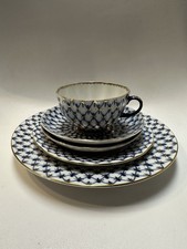 Russian Lomonosov Imperial Porcelain Cobalt Net 5pc  -  Cup 2 Saucers 2 Plates picture