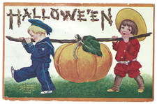 1908 Halloween Postcard Kids Pumpkin Navy Suit Posted Brooklyn NY Flatbush picture