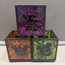 Disney Parks Halloween Mickey Mouse 3 Glass Votive Candle Holder Set w/ Box New picture
