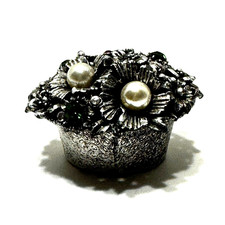 Vintage FLORENZA Small Trinket Pill Box Silver Tone Rhinestone Faux Pearl Floral picture