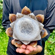 1.5LB Drunken agate lotus hand carved meditation crystal display decoration picture