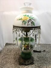 Vintage GWTW 3 Way Hurricane Lamp Green Floral Milk Glass with Prisms picture