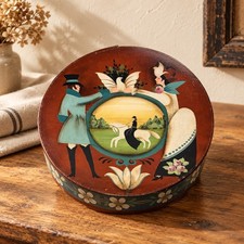 Vintage Hand Painted Folk Art Bride’s Box Fabric Lined Signed 13” Round picture