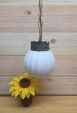 Vintage Ribbed White Glass Globe Pendant Light, Brass Tone Metal, 1 Light 70s picture