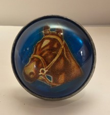 Vintage HA Chapman Domed Glass Bridle Rosette Blue W/ Brown Horse Head picture