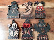 Vintage Style Set 6 Halloween Statues Spooky Scary Wood Figures Cat Owl Moon picture