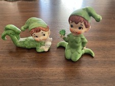 (2) Vintage MCM Lefton Japan Pixie Elves Green Ceramic Holding Bunny, Shamrock picture