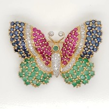 Estate 10K Yellow Gold Over Diamond Ruby Sapphire & Emerald Butterfly Brooch Pin picture