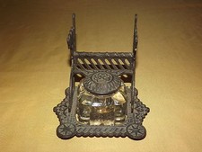 VINTAGE DESK METAL STAND INK BOTTLE HOLDS PEN & PAPER picture