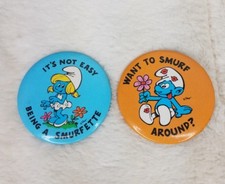 Vintage Smurfs Pinback Buttons Lot of 2 Smurfette picture