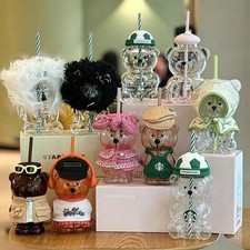 NEW Starbucks World Cup Football Bear Cute Bear Shaped Glass Straw Cup Rare Item picture