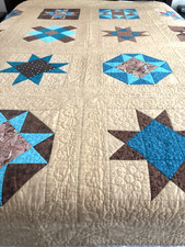 Vtg Handmade Pieced Machine Quilted Tan Quilt Geometric Star Pattern 82