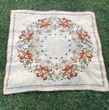 Antique Arts & Crafts Handmade Crewel Embroidered Flax Linen Tablecloth 51 X 51 picture