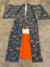 Vintage Japanese Kimono Robe Teal Floral Bird Orange Lining picture