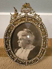 Antique Art Nouveau Jeweled Cast Brass Picture Frame Bubble Glass c. 1900 picture