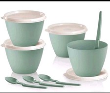 Tupperware Refrigerator Bowls Lids & Hang On Spoons Set Of 4, New, Pastel Green  picture
