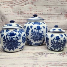 Vintage Blue & White Porcelain Canisters Set of 3 Floral Ginger Jars Chinoiserie picture